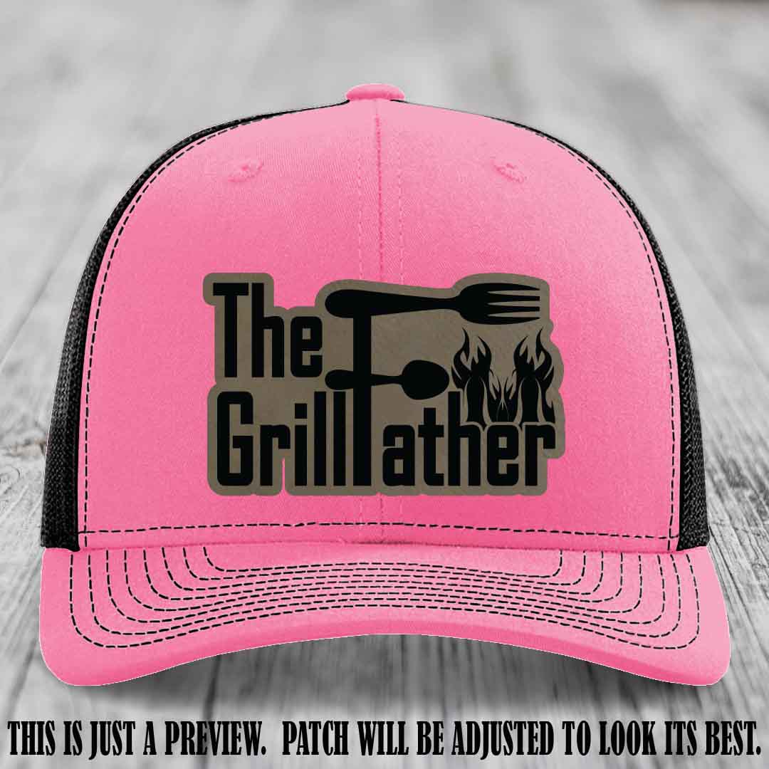 Richardson 112 Leather Patch Hat - The GrillFather Design - Light Brown to Black Patch on Hot Pink to Black Hat