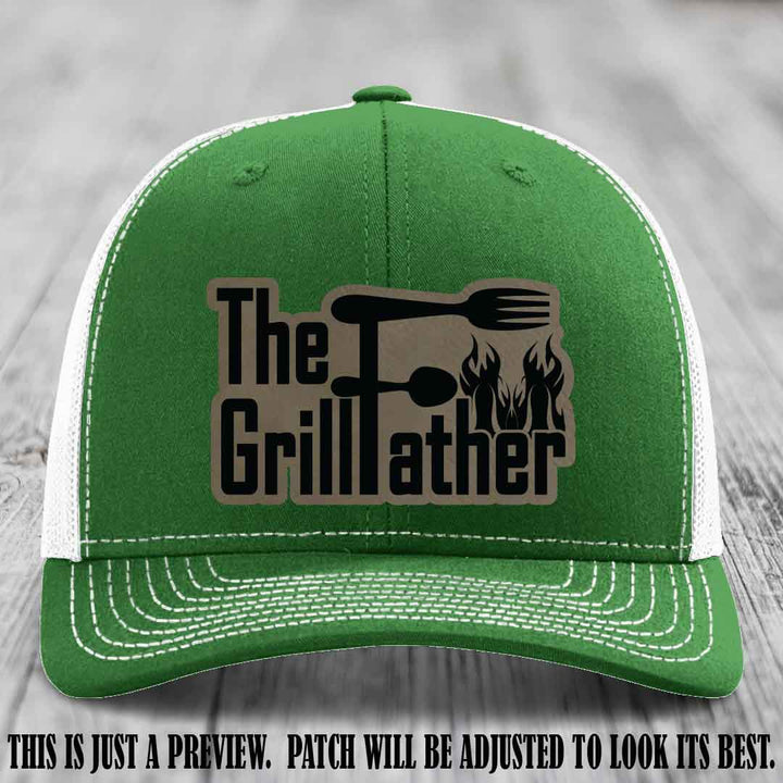 Richardson 112 Leather Patch Hat - The GrillFather Design - Light Brown to Black Patch on Kelly to White Hat