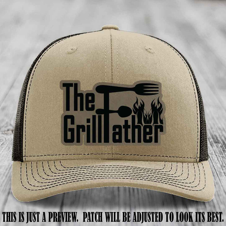 Richardson 112 Leather Patch Hat - The GrillFather Design - Light Brown to Black Patch on Khaki to Coffee Hat