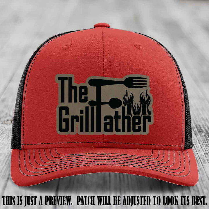 Richardson 112 Leather Patch Hat - The GrillFather Design - Light Brown to Black Patch on Red to Black Hat