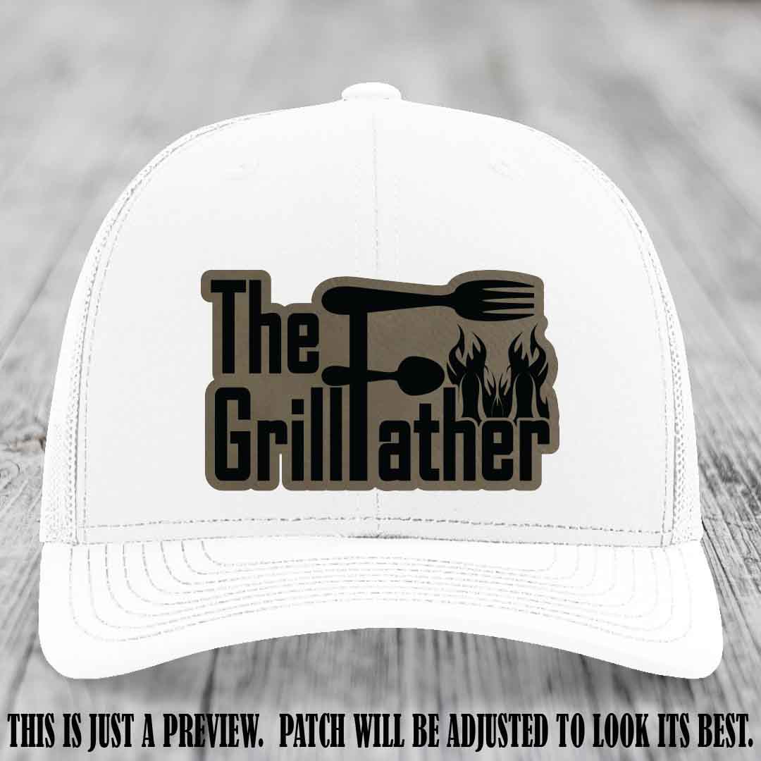 Richardson 112 Leather Patch Hat - The GrillFather Design - Light Brown to Black Patch on White Hat