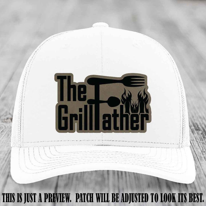 Richardson 112 Leather Patch Hat - The GrillFather Design - Light Brown to Black Patch on White Hat