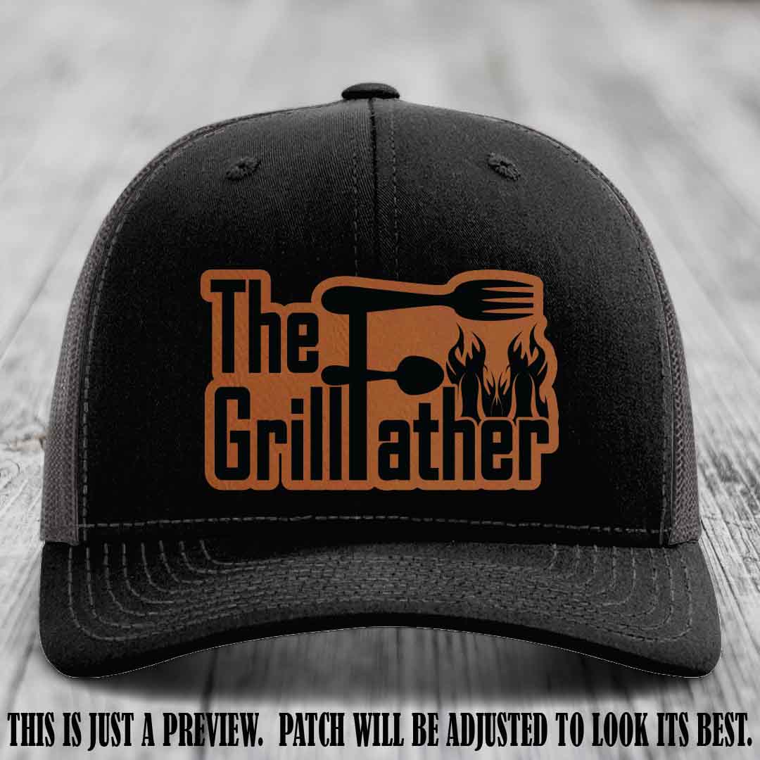 Richardson 112 Leather Patch Hat - The GrillFather Design - Rawhide to Black Patch on Black to Charcoal Hat