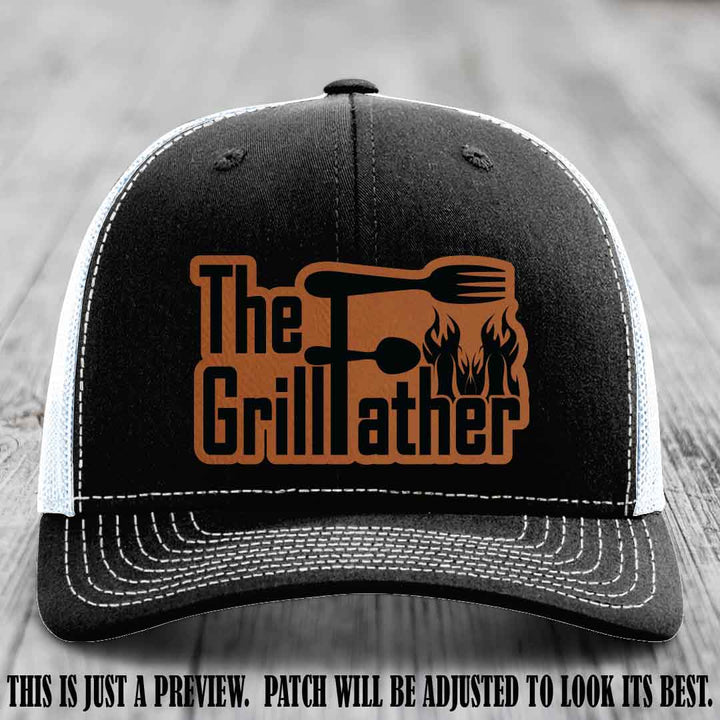 Richardson 112 Leather Patch Hat - The GrillFather Design - Rawhide to Black Patch on Black to White Hat