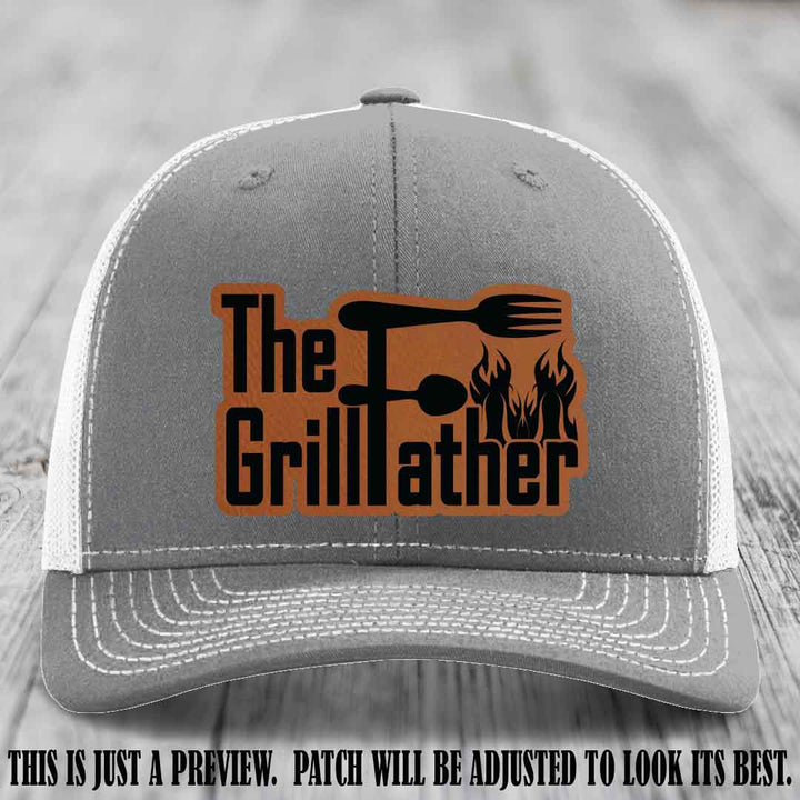 Richardson 112 Leather Patch Hat - The GrillFather Design - Rawhide to Black Patch on Heather Grey to White Hat