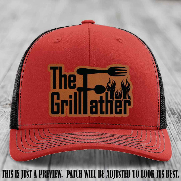 Richardson 112 Leather Patch Hat - The GrillFather Design - Rawhide to Black Patch on Red to Black Hat