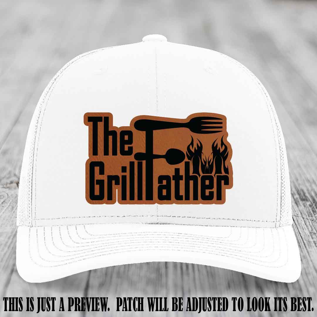 Richardson 112 Leather Patch Hat - The GrillFather Design - Rawhide to Black Patch on White Hat