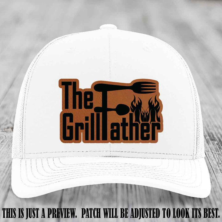 Richardson 112 Leather Patch Hat - The GrillFather Design - Rawhide to Black Patch on White Hat