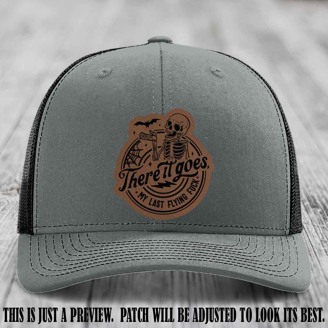 There It Goes design on Dark Brown to Black Patch, displayed on a Heather Grey to Black Hat, funny Richardson 112 leather patch hat