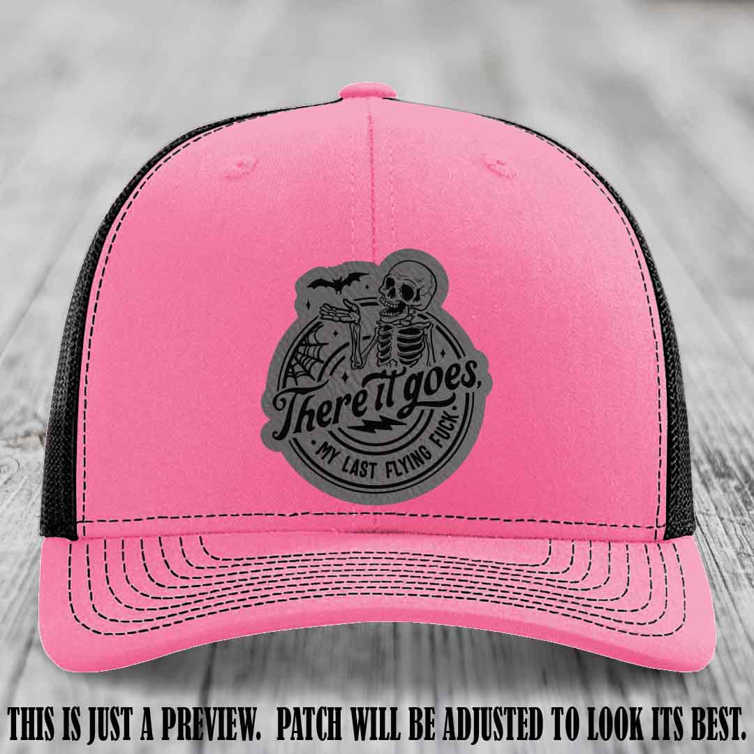 There It Goes design on Grey to Black Patch, displayed on a Hot Pink to Black Hat, funny Richardson 112 leather patch hat