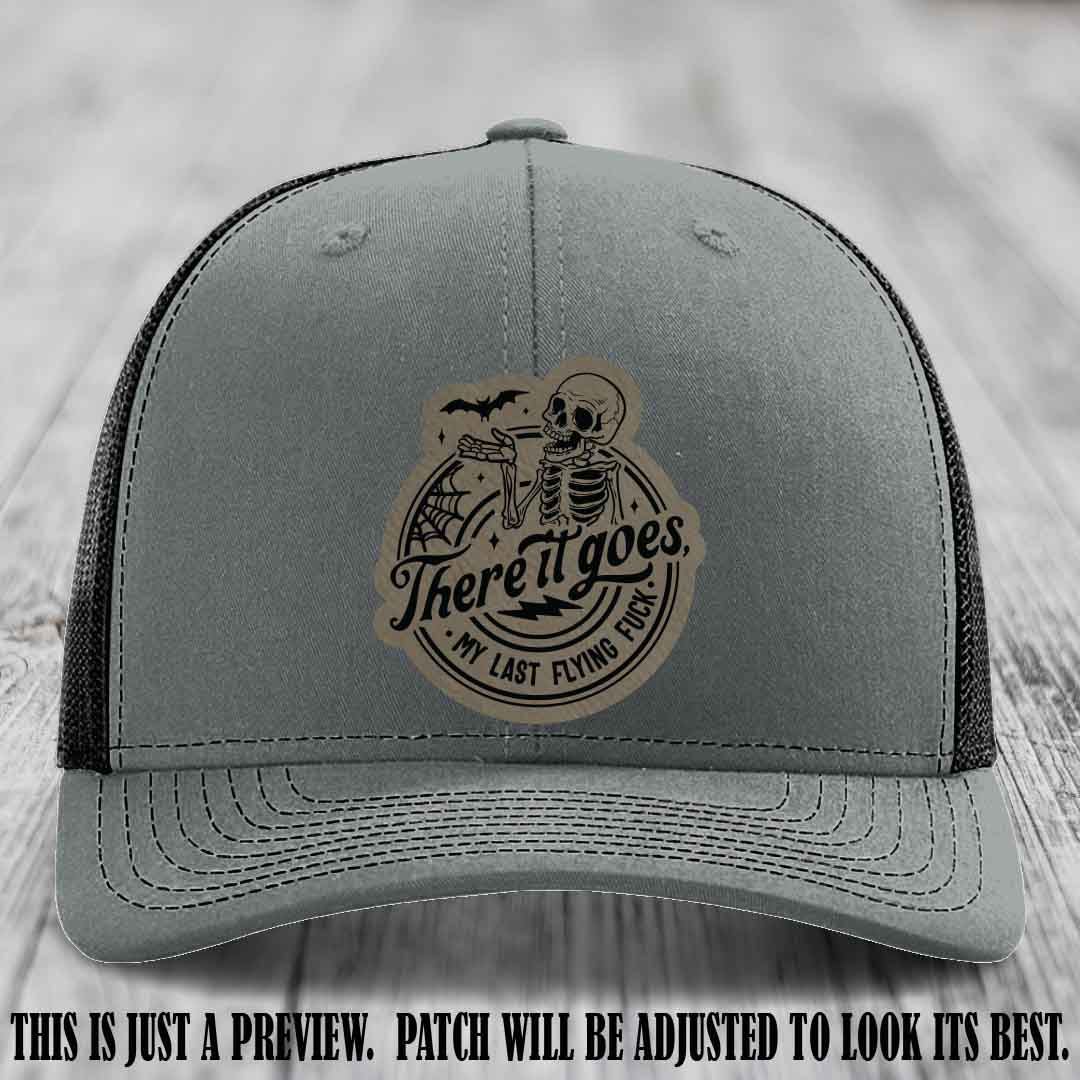 There It Goes design on Light Brown to Black Patch, displayed on a Heather Grey to Black Hat, funny Richardson 112 leather patch hat