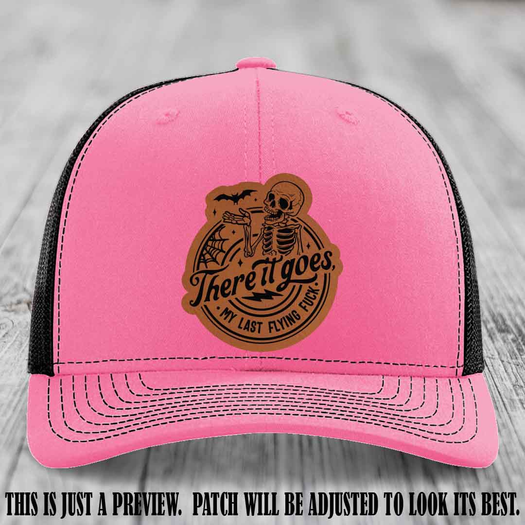 There It Goes design on Rawhide to Black Patch, displayed on a Hot Pink to Black Hat, funny Richardson 112 leather patch hat
