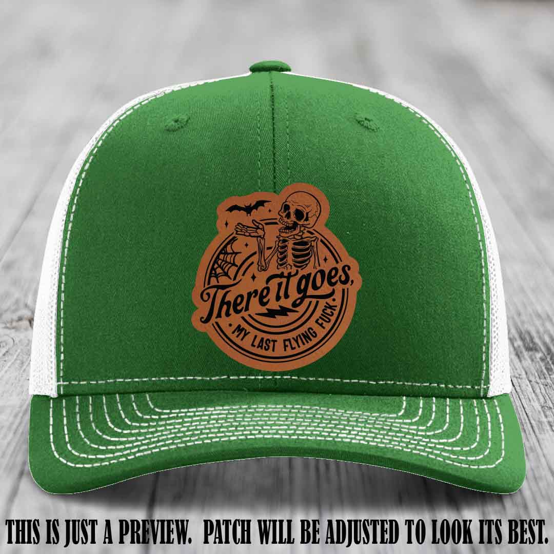 There It Goes design on Rawhide to Black Patch, displayed on a Kelly to White Hat, funny Richardson 112 leather patch hat
