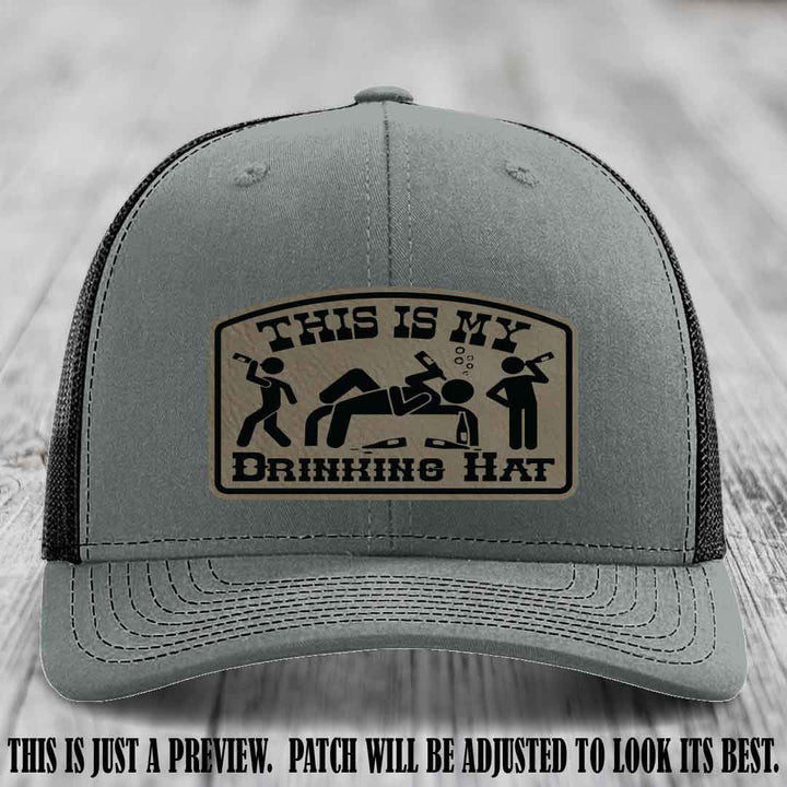 This Is My Drinking Hat Light Brown to Black Patch on Heather Grey to Black Hat Richardson 112 Hat