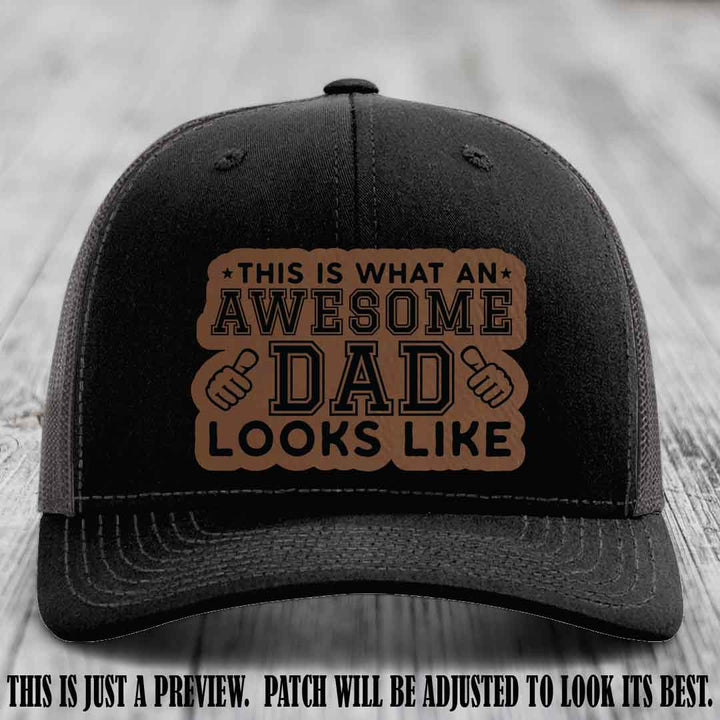 Awesome Dad Dark Brown to Black Patch on Black to Charcoal Hat Richardson 112 custom leather patch hat