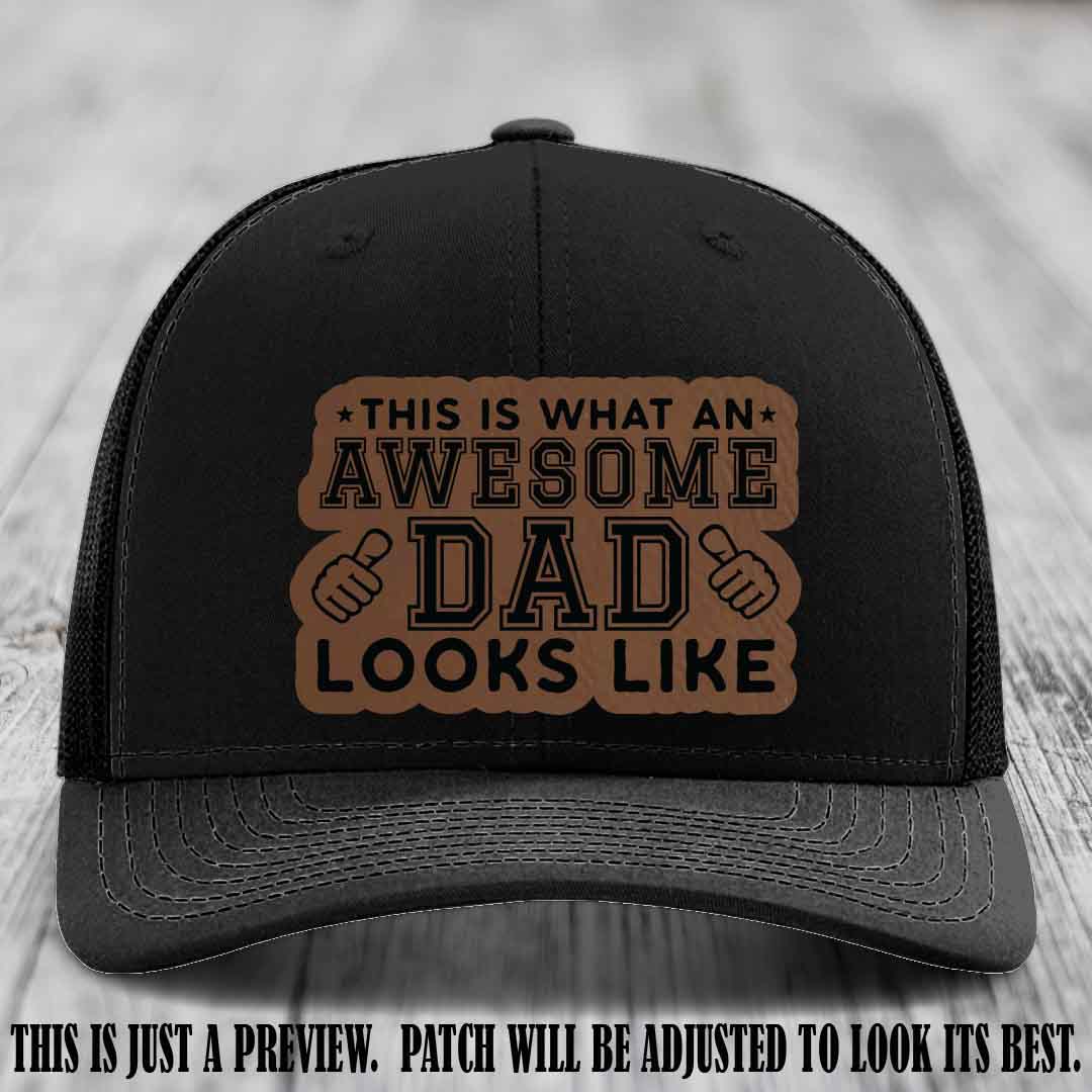 Awesome Dad Dark Brown to Black Patch on Black Hat Richardson 112 custom leather patch hat