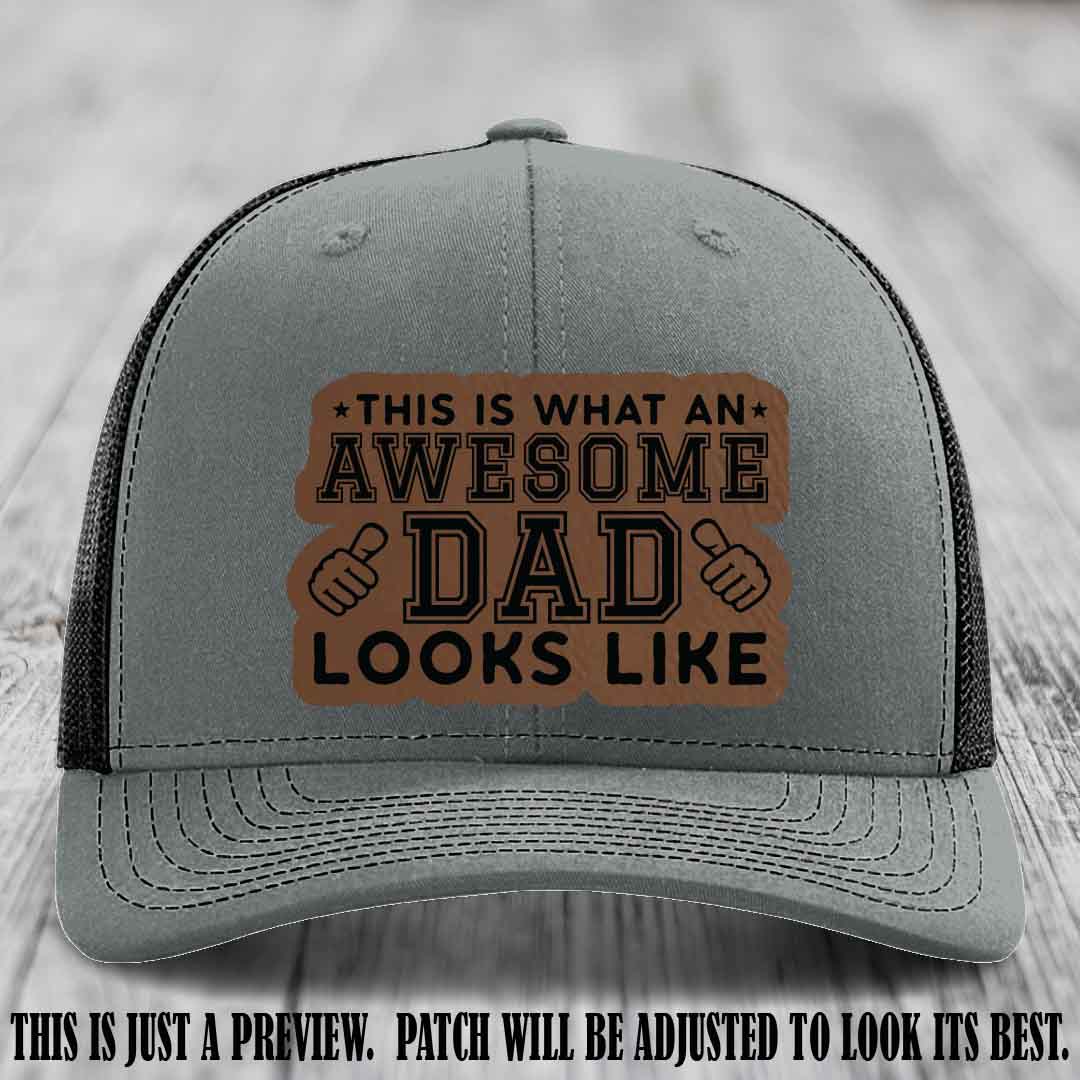 Awesome Dad Dark Brown to Black Patch on Heather Grey to Black Hat Richardson 112 custom leather patch hat