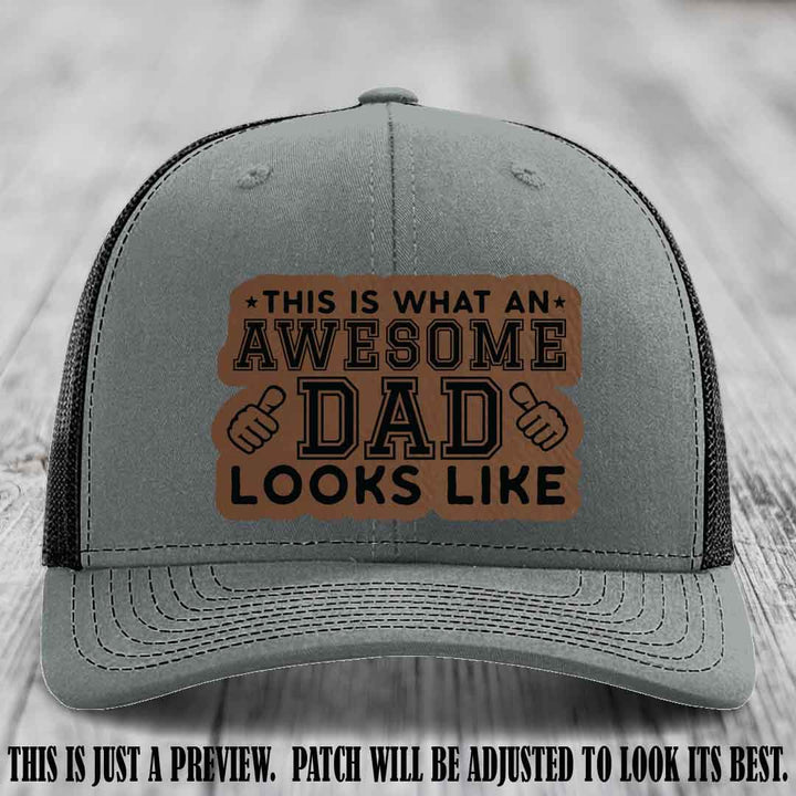 Awesome Dad Dark Brown to Black Patch on Heather Grey to Black Hat Richardson 112 custom leather patch hat