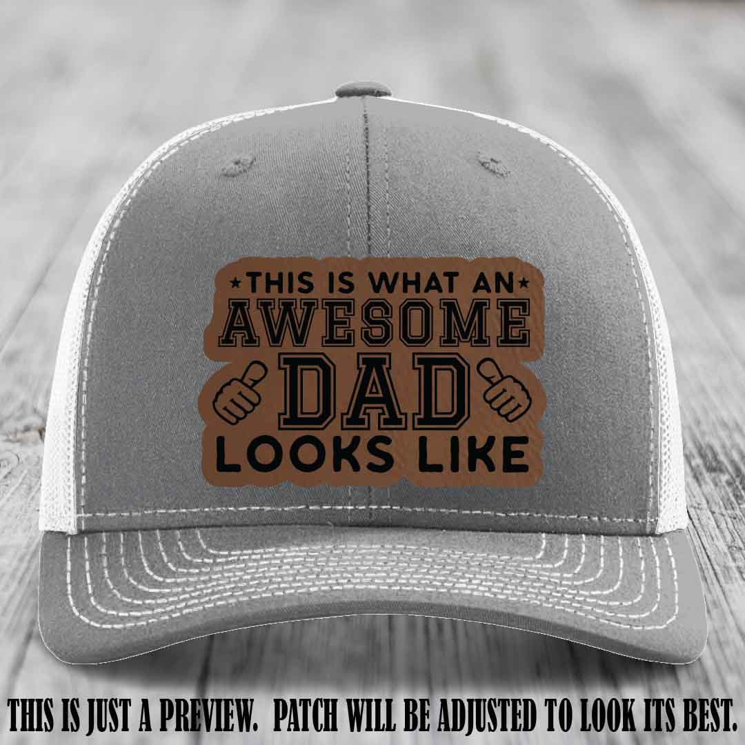 Awesome Dad Dark Brown to Black Patch on Heather Grey to White Hat Richardson 112 custom leather patch hat
