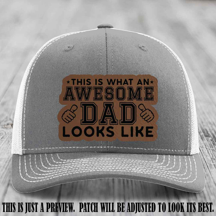Awesome Dad Dark Brown to Black Patch on Heather Grey to White Hat Richardson 112 custom leather patch hat