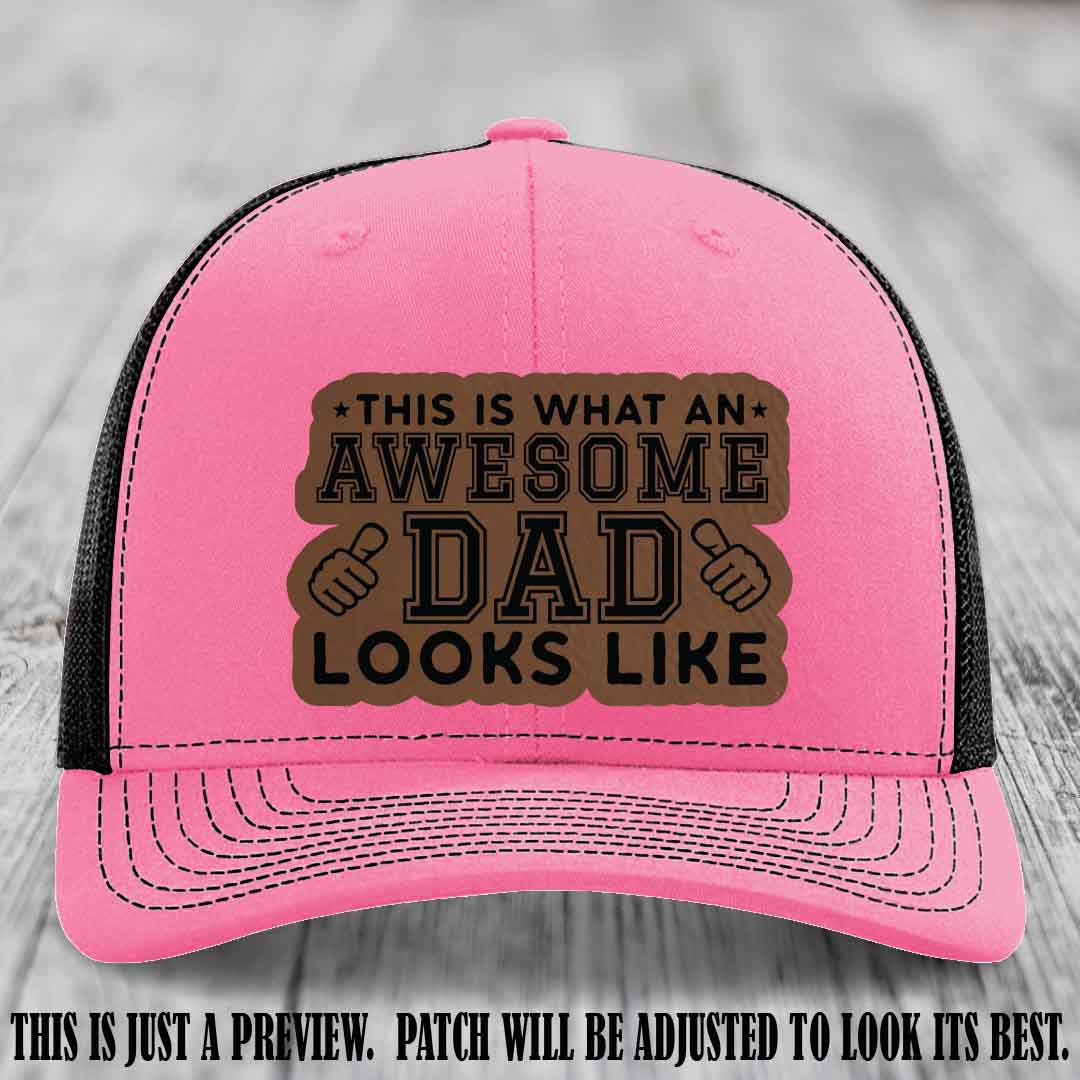 Awesome Dad Dark Brown to Black Patch on Hot Pink to Black Hat Richardson 112 custom leather patch hat