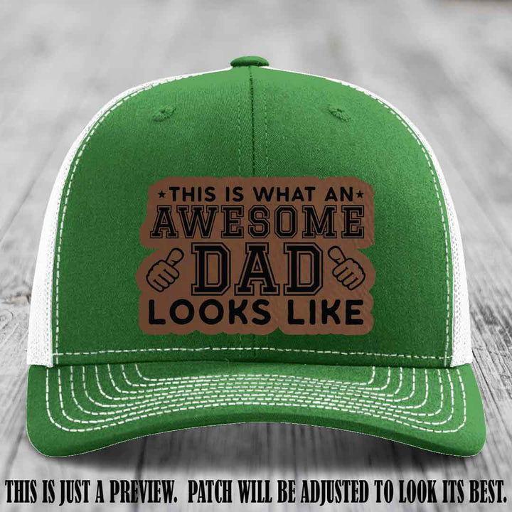Awesome Dad Dark Brown to Black Patch on Kelly to White Hat Richardson 112 custom leather patch hat