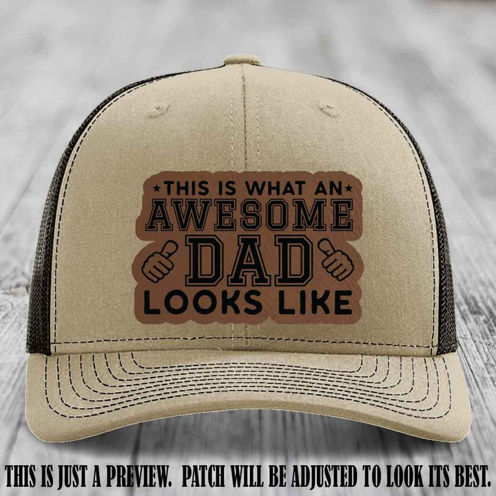 Awesome Dad Dark Brown to Black Patch on Khaki to Coffee Hat Richardson 112 custom leather patch hat