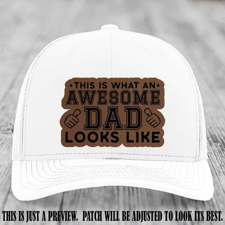Awesome Dad Dark Brown to Black Patch on White Hat Richardson 112 custom leather patch hat