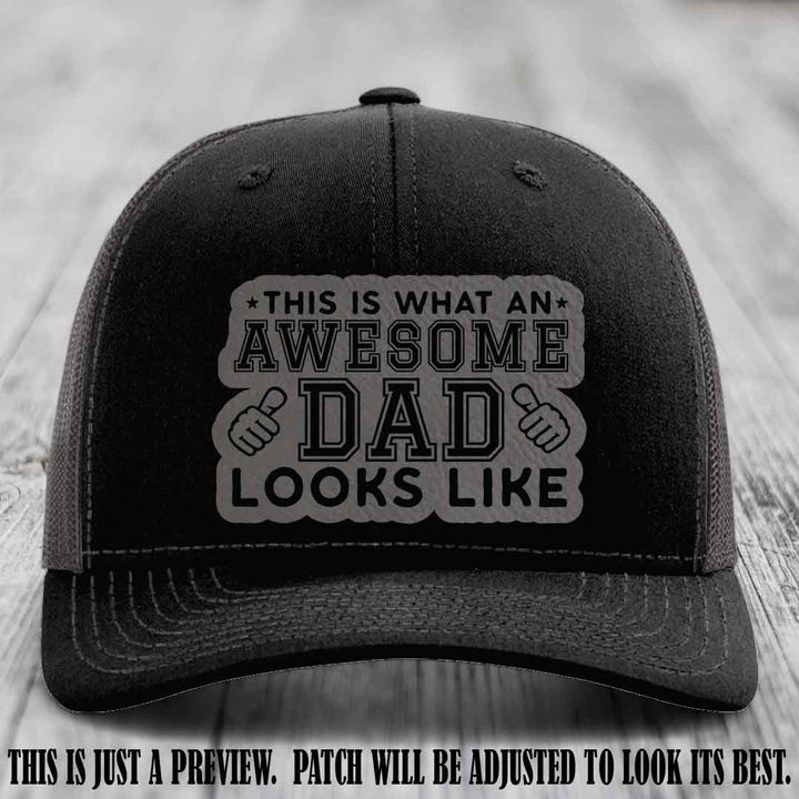 Awesome Dad Grey to Black Patch on Black to Charcoal Hat Richardson 112 custom leather patch hat