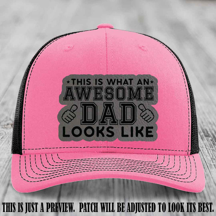 Awesome Dad Grey to Black Patch on Hot Pink to Black Hat Richardson 112 custom leather patch hat