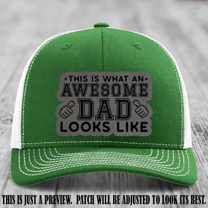 Awesome Dad Grey to Black Patch on Kelly to White Hat Richardson 112 custom leather patch hat