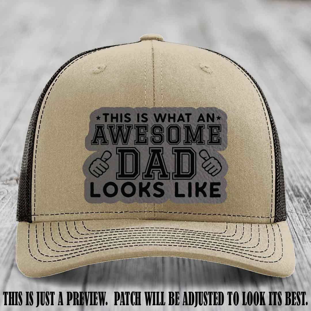 Awesome Dad Grey to Black Patch on Khaki to Coffee Hat Richardson 112 custom leather patch hat
