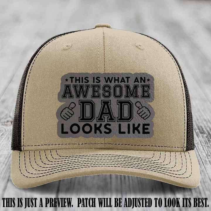 Awesome Dad Grey to Black Patch on Khaki to Coffee Hat Richardson 112 custom leather patch hat
