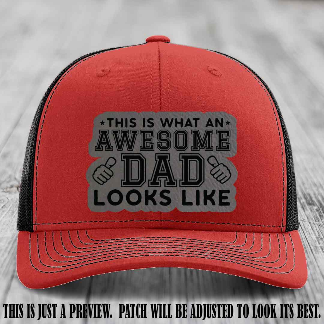 Awesome Dad Grey to Black Patch on Red to Black Hat Richardson 112 custom leather patch hat