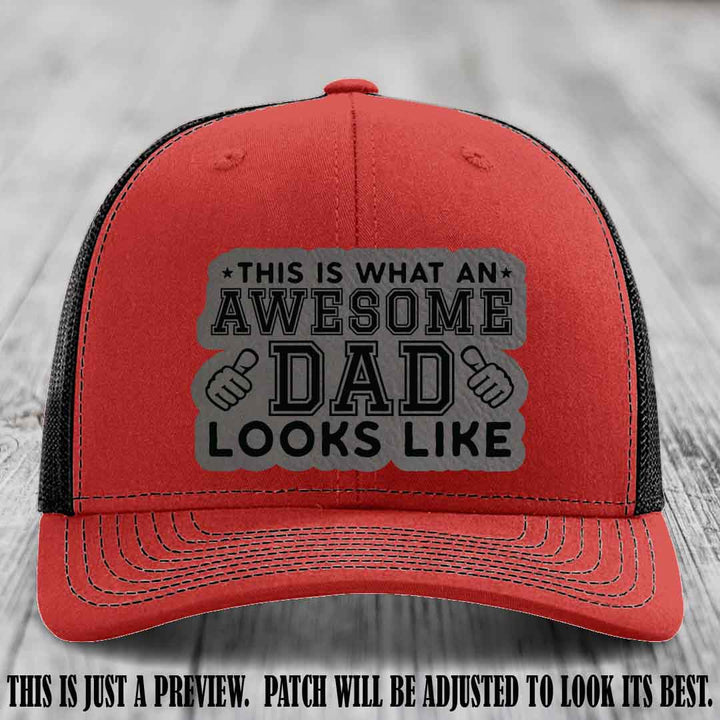 Awesome Dad Grey to Black Patch on Red to Black Hat Richardson 112 custom leather patch hat