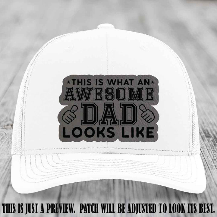 Awesome Dad Grey to Black Patch on White Hat Richardson 112 custom leather patch hat