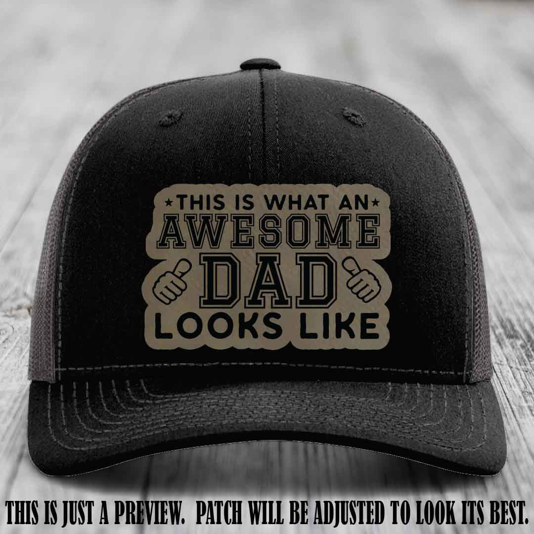 Awesome Dad Light Brown to Black Patch on Black to Charcoal Hat Richardson 112 custom leather patch hat