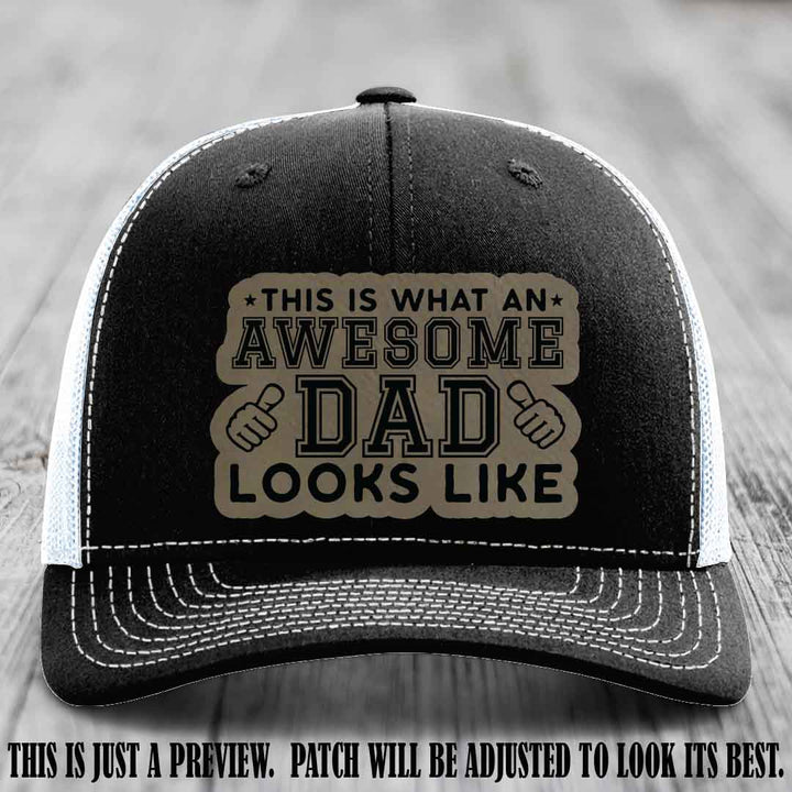 Awesome Dad Light Brown to Black Patch on Black to White Hat Richardson 112 custom leather patch hat