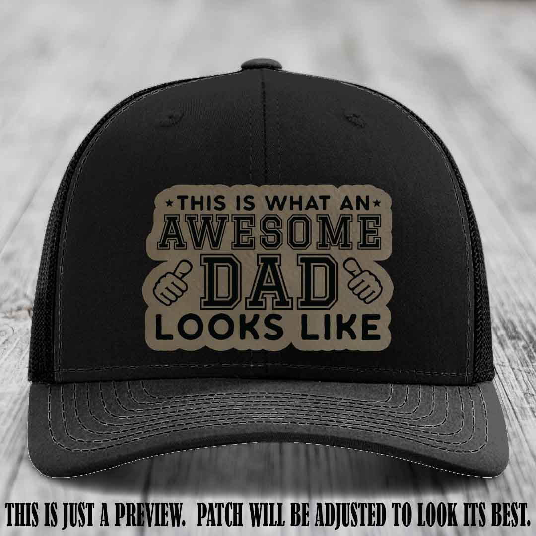 Awesome Dad Light Brown to Black Patch on Black Hat Richardson 112 custom leather patch hat