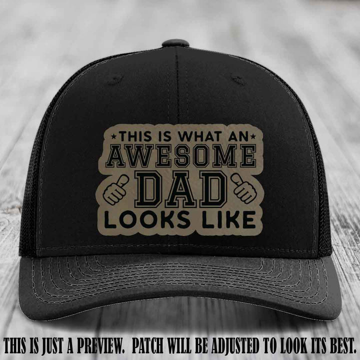 Awesome Dad Light Brown to Black Patch on Black Hat Richardson 112 custom leather patch hat