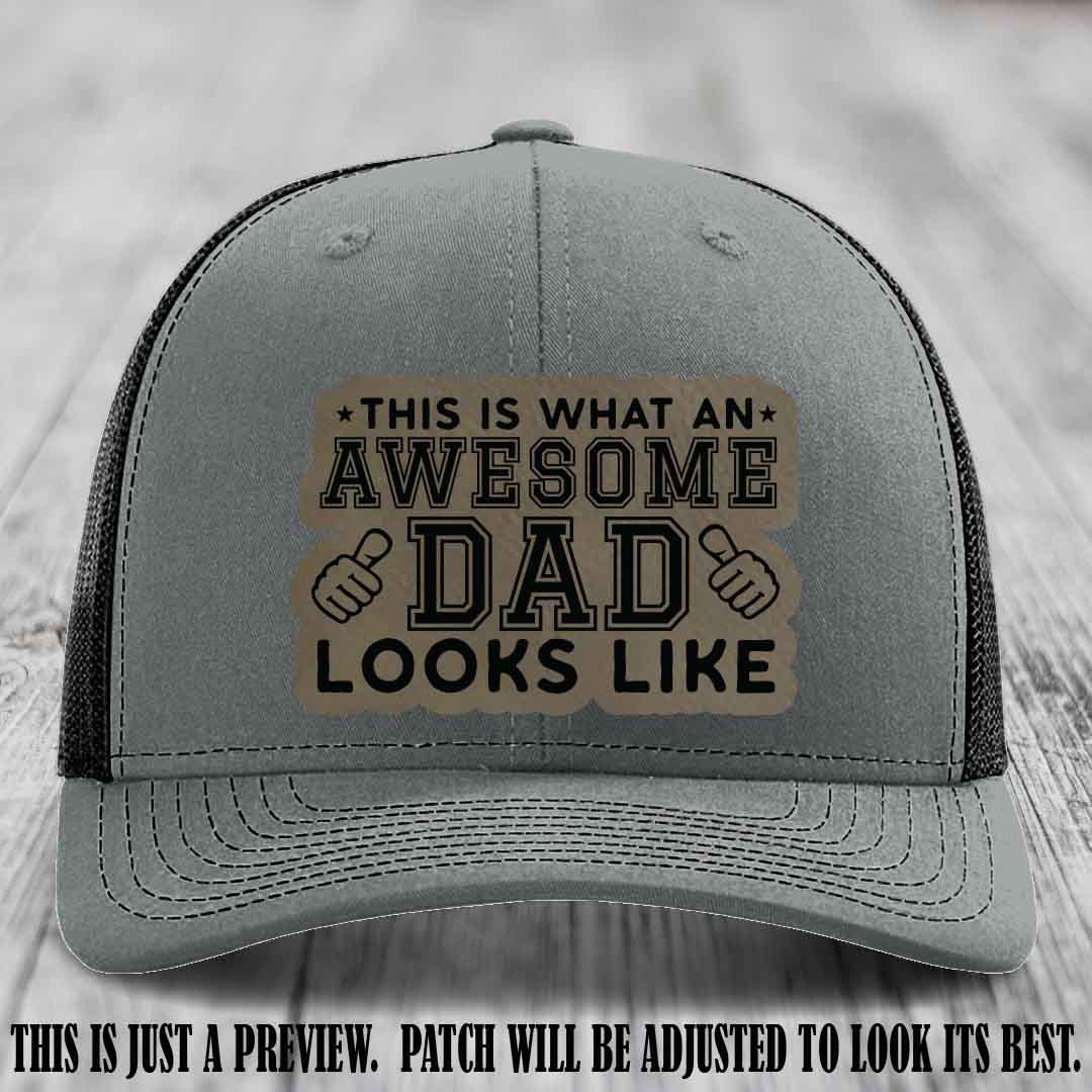 Awesome Dad Light Brown to Black Patch on Heather Grey to Black Hat Richardson 112 custom leather patch hat