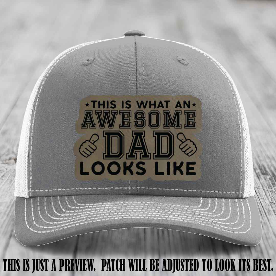 Awesome Dad Light Brown to Black Patch on Heather Grey to White Hat Richardson 112 custom leather patch hat