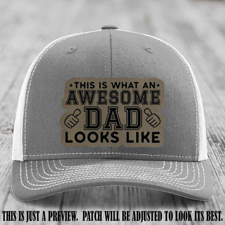 Awesome Dad Light Brown to Black Patch on Heather Grey to White Hat Richardson 112 custom leather patch hat