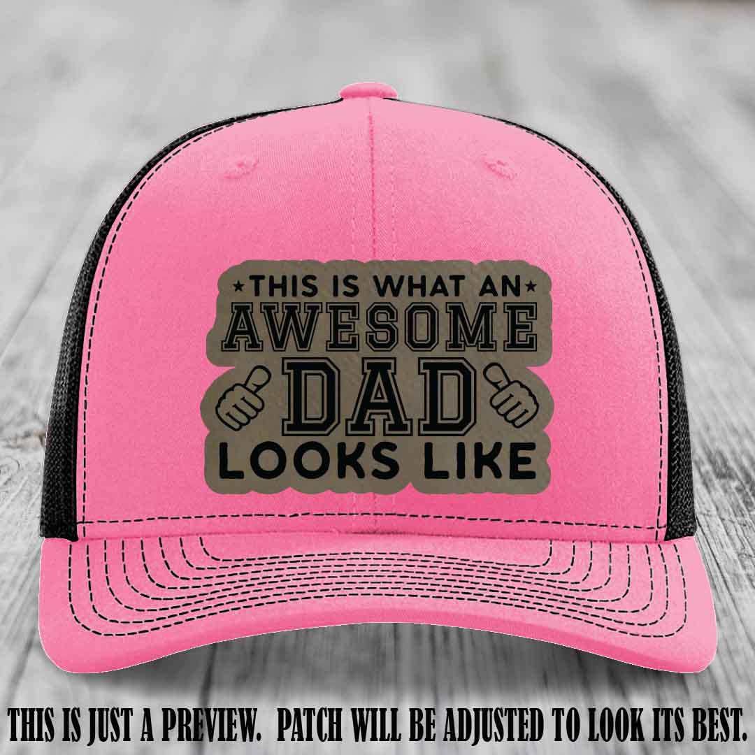 Awesome Dad Light Brown to Black Patch on Hot Pink to Black Hat Richardson 112 custom leather patch hat