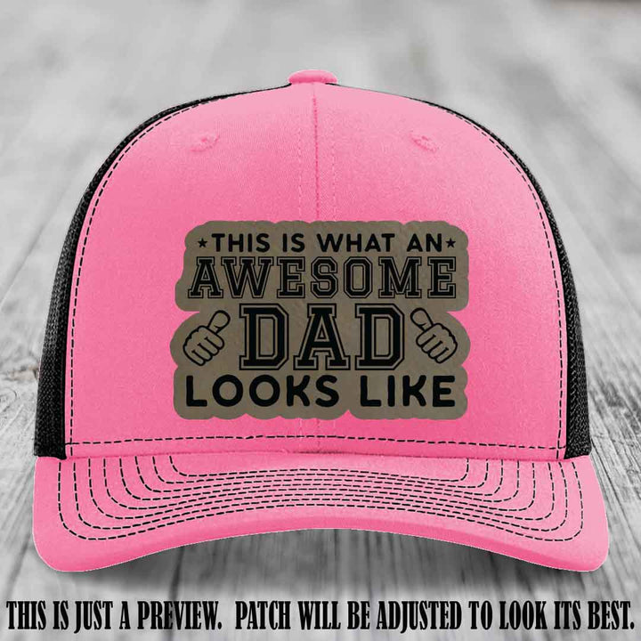 Awesome Dad Light Brown to Black Patch on Hot Pink to Black Hat Richardson 112 custom leather patch hat