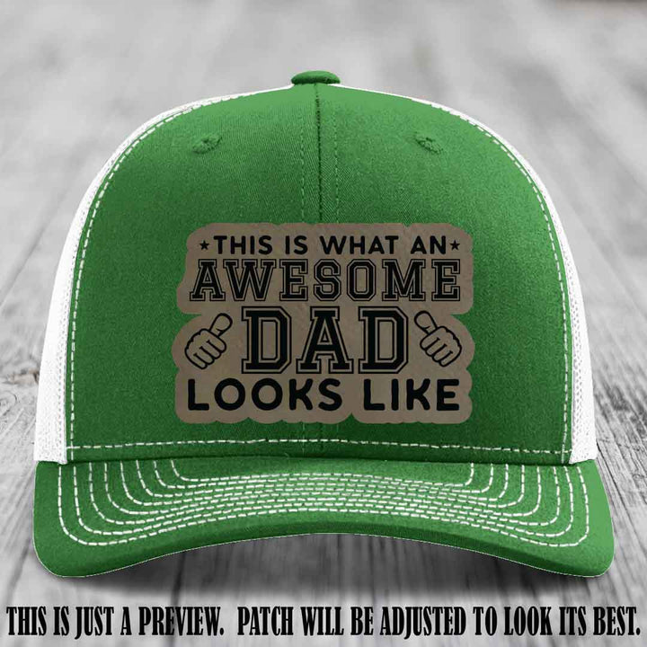 Awesome Dad Light Brown to Black Patch on Kelly to White Hat Richardson 112 custom leather patch hat