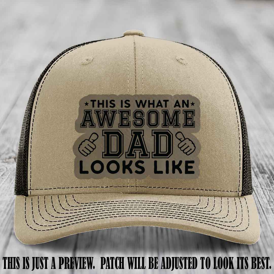Awesome Dad Light Brown to Black Patch on Khaki to Coffee Hat Richardson 112 custom leather patch hat