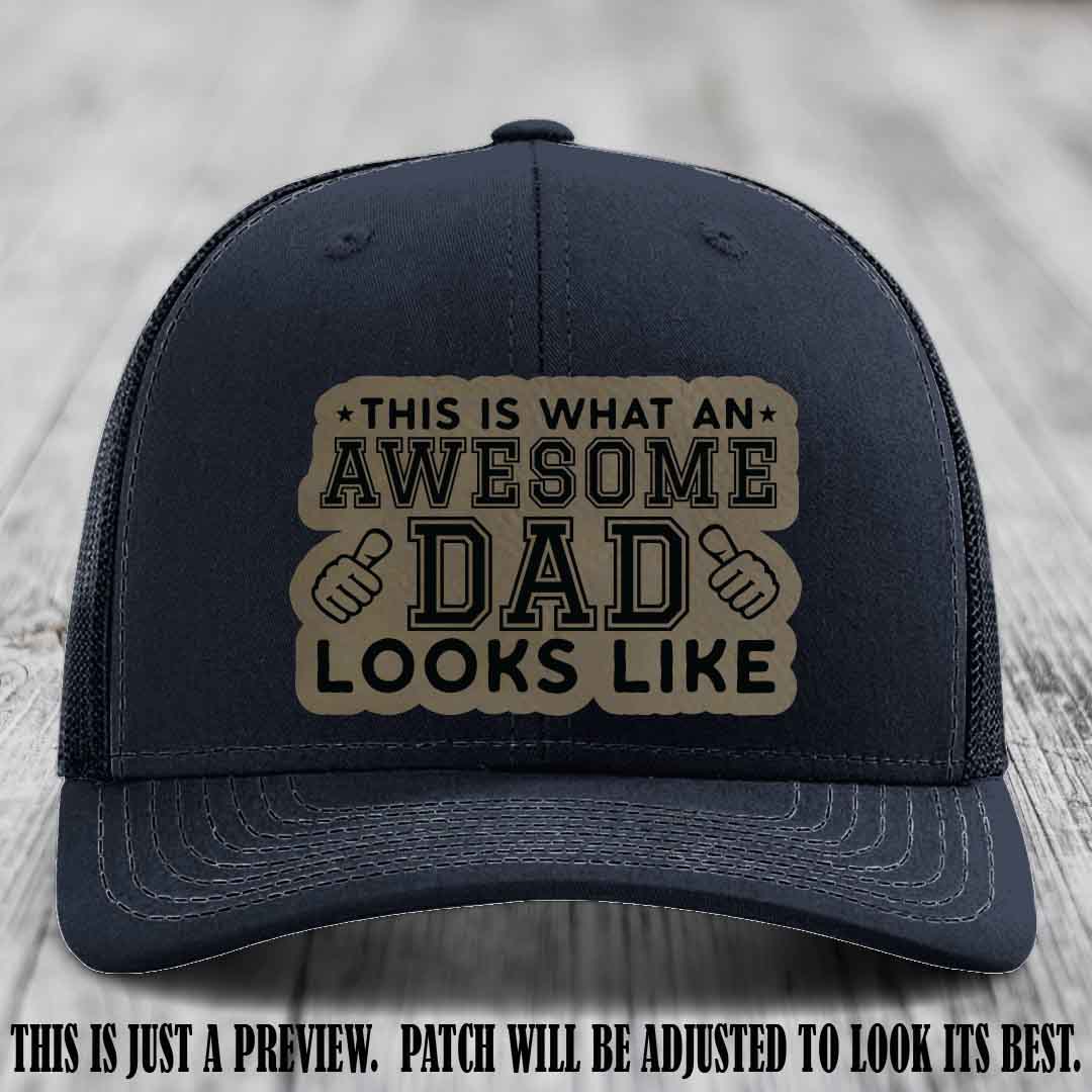 Awesome Dad Light Brown to Black Patch on Navy Hat Richardson 112 custom leather patch hat