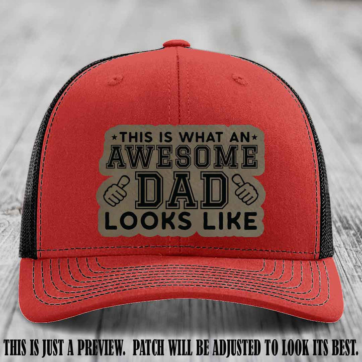 Awesome Dad Light Brown to Black Patch on Red to Black Hat Richardson 112 custom leather patch hat