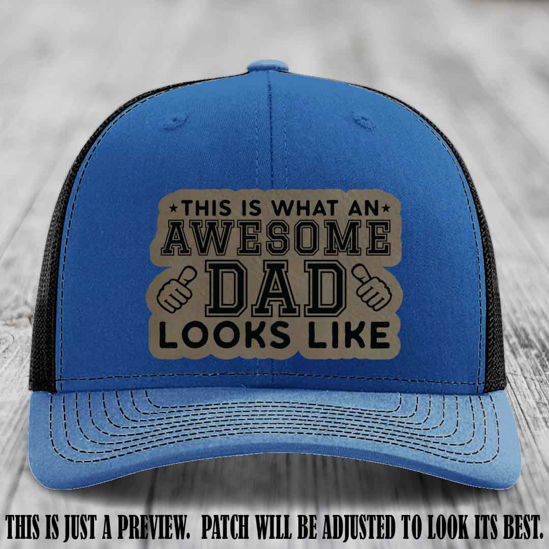 Awesome Dad Light Brown to Black Patch on Royal to Black Hat Richardson 112 custom leather patch hat